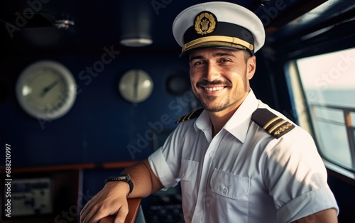 Captain of a cargo ship on the high seas at a sunny day photo