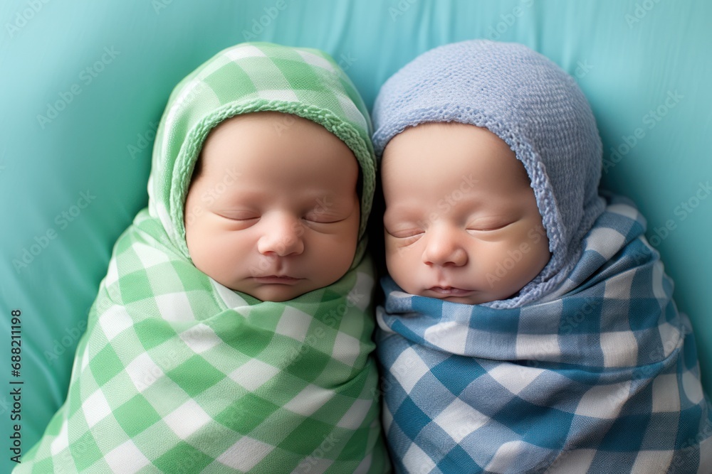 Sleeping newborn twins in green and blue plaid swaddles with matching hats, lying against a turquoise background. Sleeping newborn twins in green and blue plaid swaddles with matching hats, lying against a turquoise background.
