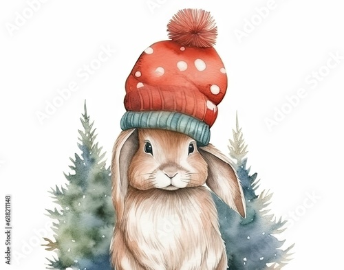 Watercolor cute bunny character, hare in a red hat. Symbol of the year 2035. Postcard. Christmas, New Year. Print on a white background. Easter
