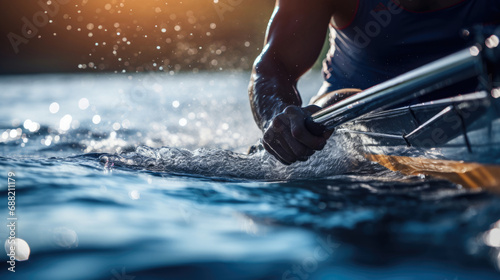Close-up of rower's powerful stroke on reflective water © javier