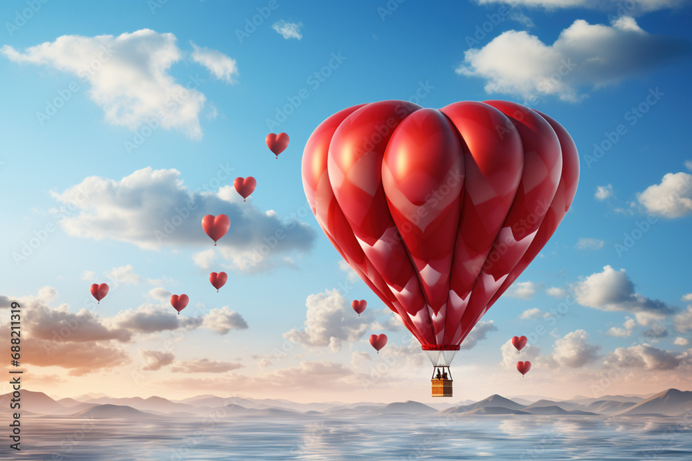 Beautiful red air balloon heart shape against blue and pink pastel sky in a sunny bright morning. Romantic trip moment love on Valentine's Day. Sport and recreation travel theme. Copy paste text place Beautiful red air balloon heart shape against blue and pink pastel sky in a sunny bright morning. Romantic trip moment love on Valentine's Day. Sport and recreation travel theme. Copy paste text place
