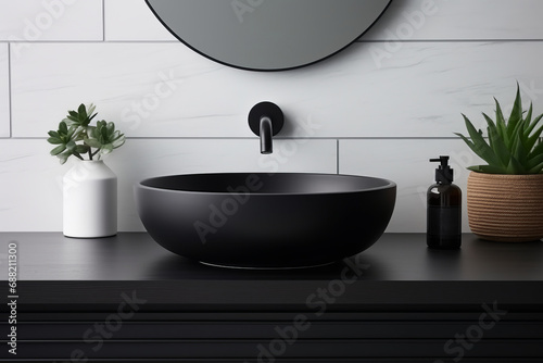 Modern bathroom vanity with a round black basin, wall-mounted faucet, and decorative green plants in white and woven pots. photo