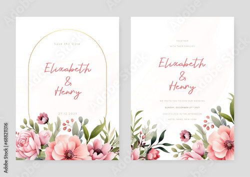 Pink rose and poppy set of wedding invitation template with shapes and flower floral border