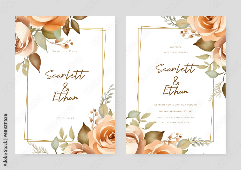 Fototapeta premium Beige rose vector wedding invitation card set template with flowers and leaves watercolor