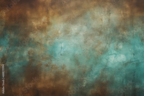 dramatic, textured abstract background with a vivid transition from turquoise to rust hues, suggesting an aged copper patina or an artistic, weathered wall. photo