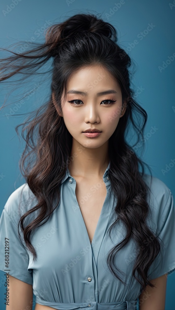 portrait of a Asian woman with blue background portrait of a Asian woman with blue background