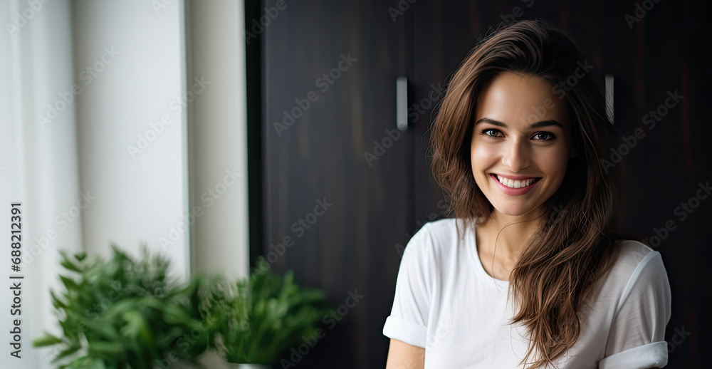 A beautiful woman standing in the kitchen and smiling, vegetables and fruits on the first plan