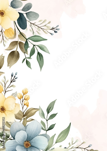 Blue white and yellow watercolor hand painted background template for Invitation with flora and flower