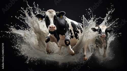 Splashes of milk fly on a milky white poster with the image of cows and many details. Nice background. photo