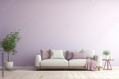 An image of a room with a pastel lavender-colored wall  a beatiful sofa and plants. Copy space