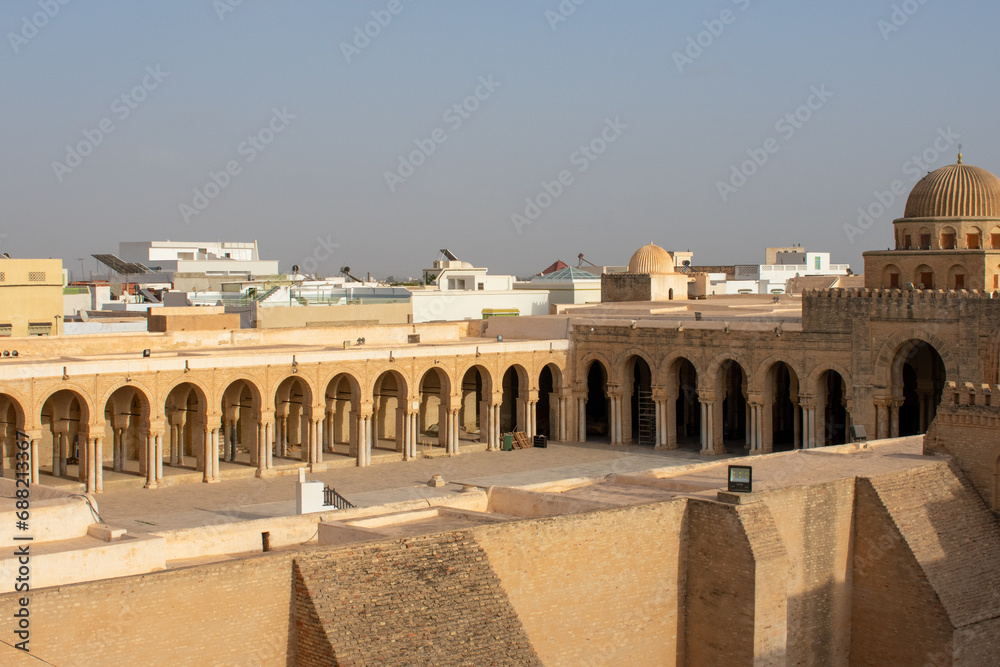 The Great Mosque of Kairouan in Tunisia, North Africa. UNESCO World Heritage. Tunisian market
