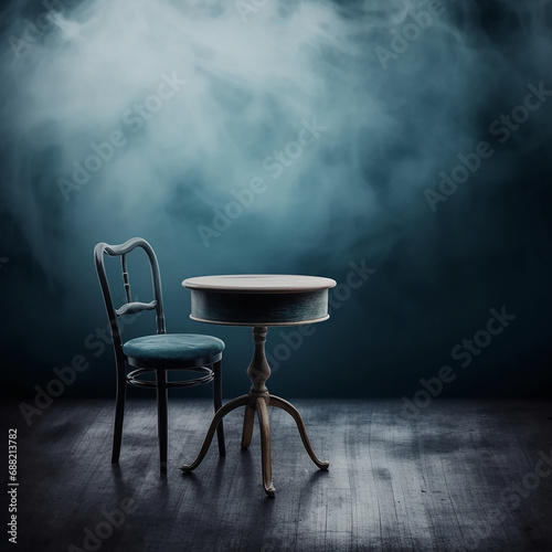 Mysterious scene with an antique chair and table, blue background, alone and sad concept