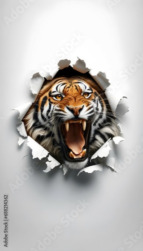 Tigre sortant la tête d'une déchirure faite dans un papier blanc
