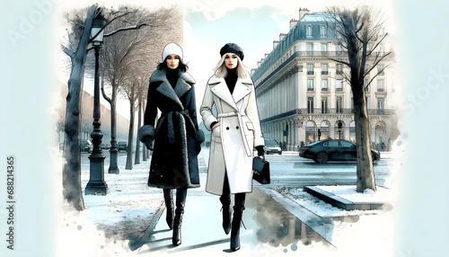 illustration aquarelle : 2 jeunes femmes marchant dans un décor parisien photo