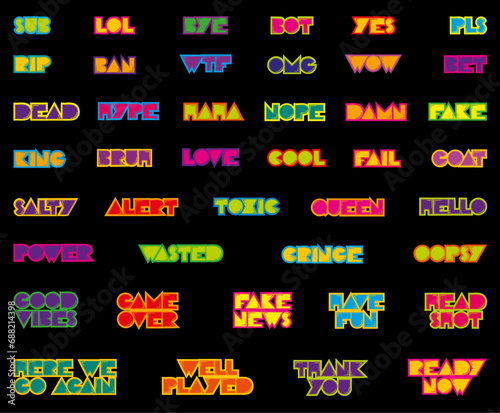 Retro neon text  emotes collection . Can be used for Twitch, Discord, YouTube. Graphic conversational text elements illustration set 
