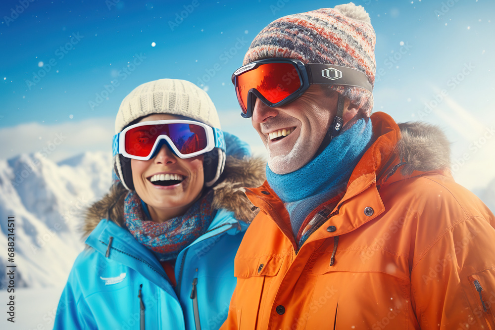 Portrait of a happy middle-aged couple wearing ski goggles. Concept of winter vacation in the mountains. Portrait of a happy middle-aged couple wearing ski goggles. Concept of winter vacation in the mountains.