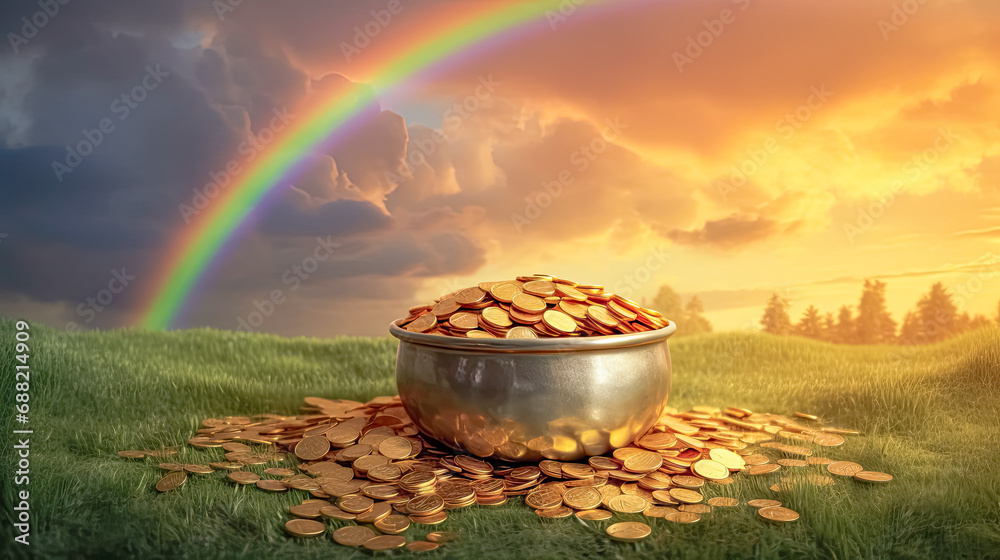 Leprechauns bounty, Pot of gold, rainbow backdrop a magical St. Patricks Day illustration, blending whimsy with the vibrant spirit of the holiday. - obrazy, fototapety, plakaty 