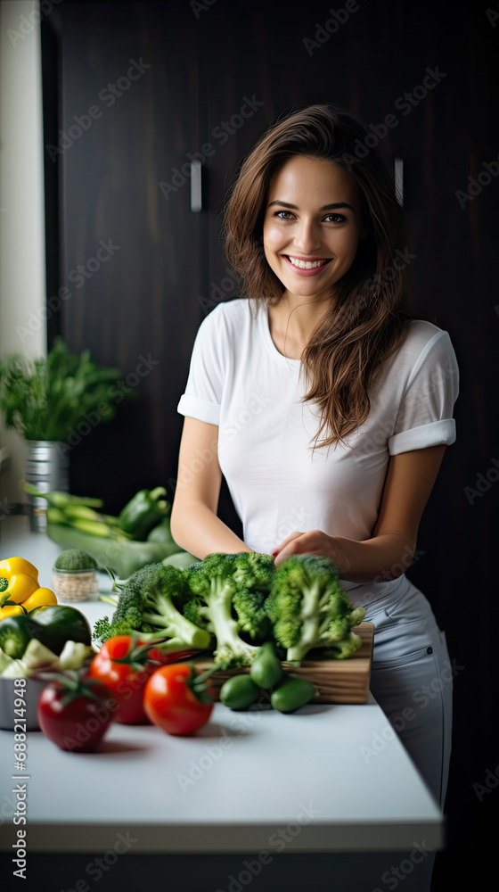 A woman standing in the kitchen and smiling, vegetables and fruits on the first plan A woman standing in the kitchen and smiling, vegetables and fruits on the first plan