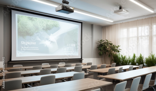 An up-to-date college communal study room equipped with white desks  chairs  a sizable projector screen  and a board.