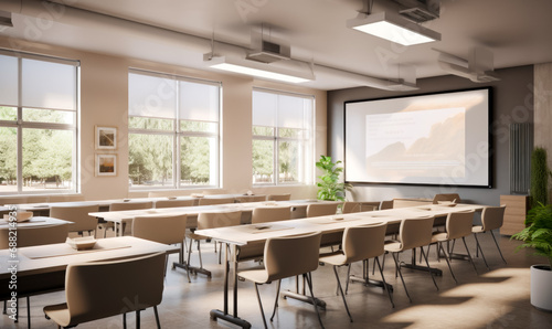 An up-to-date college communal study room equipped with white desks, chairs, a sizable projector screen, and a board.