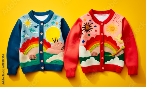Vibrant setting highlights handcrafted children's sweaters.