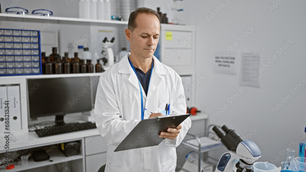 Handsome middle-aged man, a serious scientist, industriously writing a report in his bustling lab, immersed in the rhythm of science and medicine. Handsome middle-aged man, a serious scientist, industriously writing a report in his bustling lab, immersed in the rhythm of science and medicine.