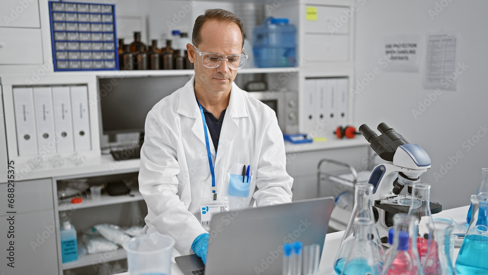 Naklejka premium Middle age man scientist using laptop at laboratory