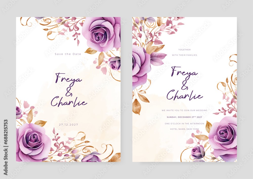 Purple violet rose beautiful wedding invitation card template set with flowers and floral