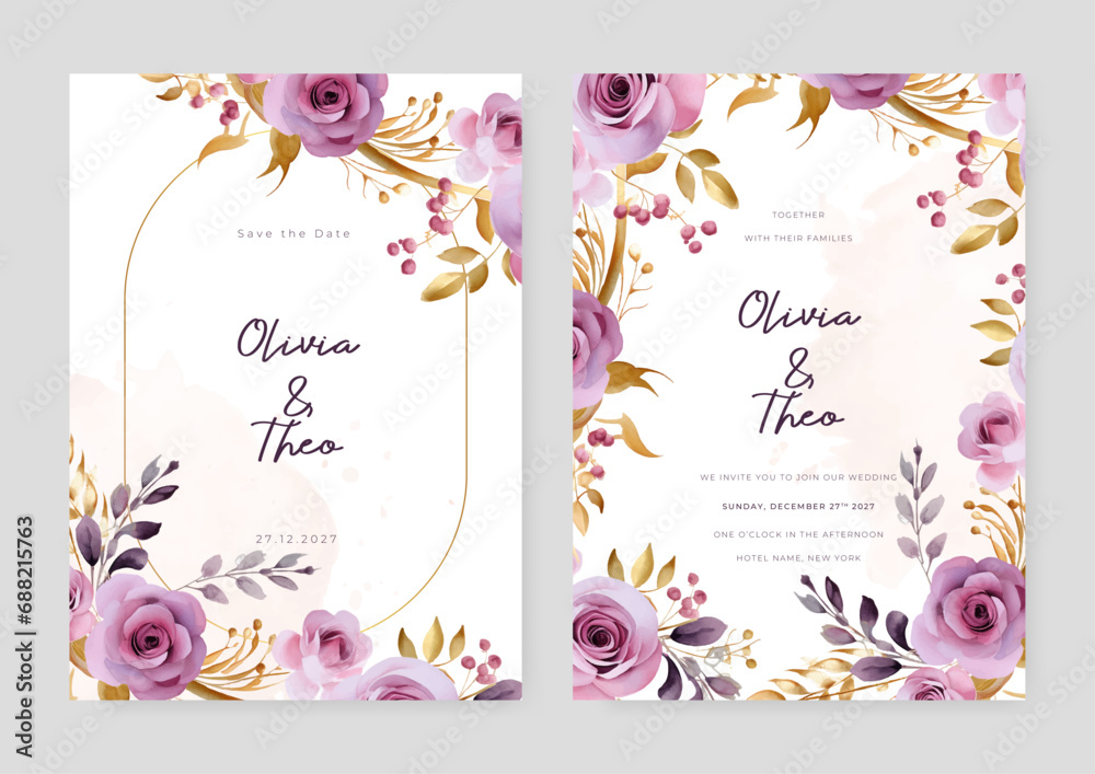 Pink and purple violet rose elegant wedding invitation card template with watercolor floral and leaves