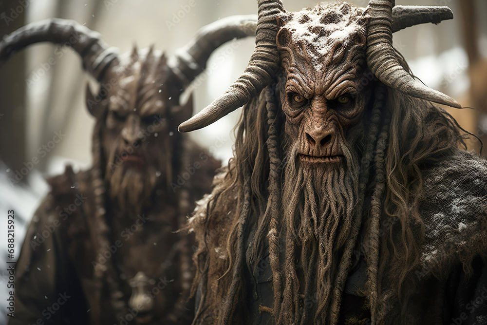 Krampus portrait. Krampus with horns walking in the winter forest. Krampus is a Christmas Devil or a Yule Lord. Krampus portrait. Krampus with horns walking in the winter forest. Krampus is a Christmas Devil or a Yule Lord.