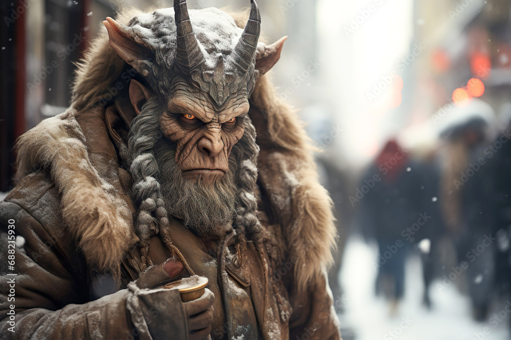 Krampus portrait. Krampus with horns walking in the winter city. Krampus is a Christmas Devil or a Yule Lord.