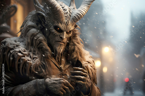 Krampus portrait. Krampus with horns walking in the winter city. Krampus is a Christmas Devil or a Yule Lord. © DRasa