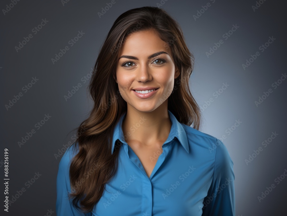 Business woman smiling. Young woman in blue shirt on dark background. Business woman smiling. Young woman in blue shirt on dark background.