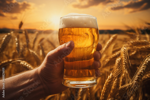 Hand holds wheat light beer mug in a ripe golden barley field on a wooden board with grains of barley at sunset time. Producing good quality bio drink product concept. 