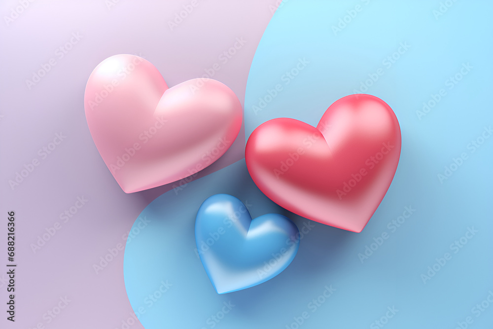 Soft pastel hearts in pink, red, and blue on a clean background. Valentine's Day