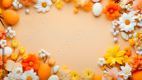 Lots of flowers and colorful Easter eggs on an orange background with copy space.