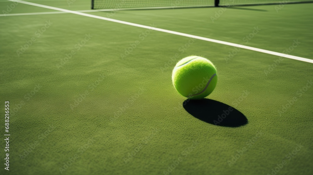 tennis ball and racket interact with the court surface, details of the tennis court surface such as lines, texture and color variations