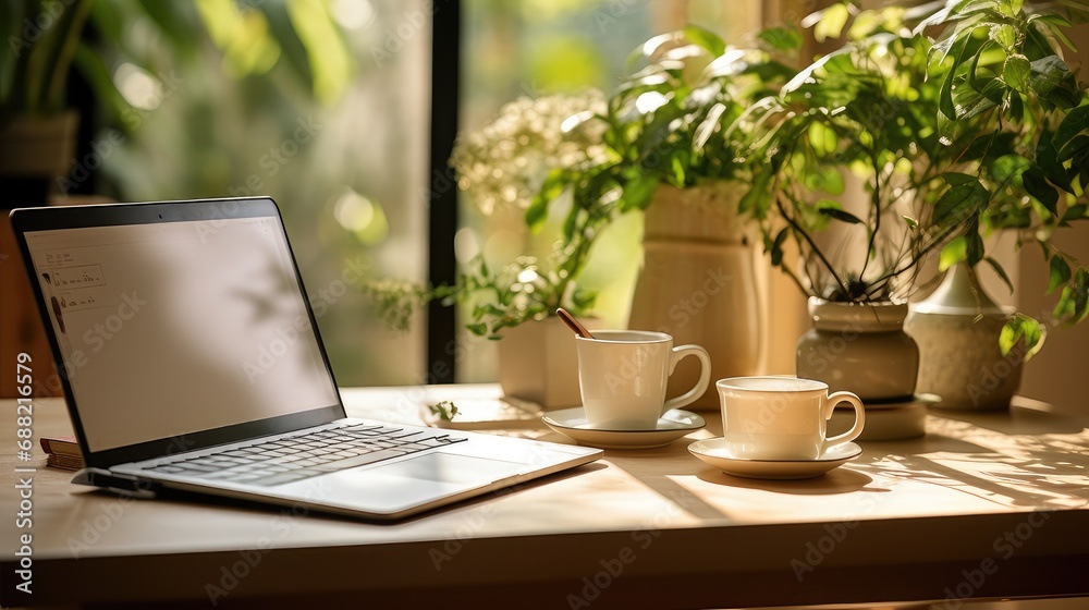 laptop, notepad, coffee cup, how they look in a practical work environment. laptop, notepad, coffee cup, how they look in a practical work environment.