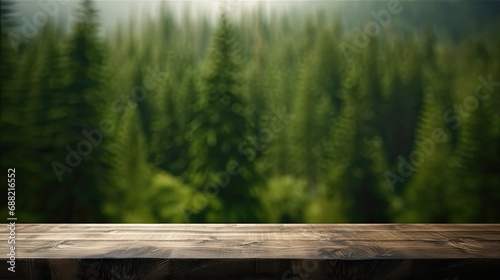 blurred forest background with empty rustic wooden table for product mockup display, optimizing lighting to create a natural ambiance