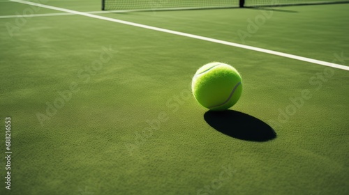 tennis ball and racket interact with the court surface, details of the tennis court surface such as lines, texture and color variations