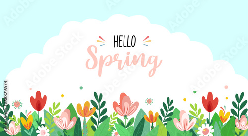 Spring or summer background with colorful green leaves and flowers on a white background. Spring vector flat template for banner, flyer, wallpaper, brochure, greeting card. Cartoon vector illustration