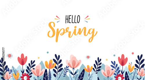 Spring or summer background with bright leaves and stylized flowers on a white background. Spring vector flat template for banner, flyer, wallpaper, brochure, greeting card.Cartoon vector illustration