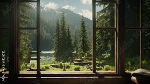 view from the window of the house to the expanses of spruce forest and mountains 