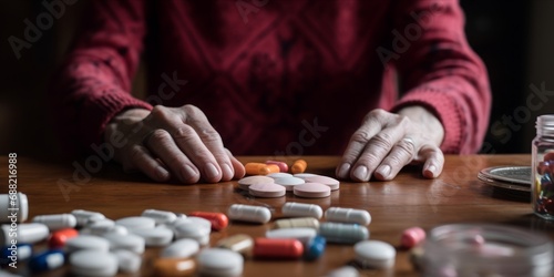 An Older Woman Carefully Manages Her Well-Being, Sitting at a Home Table, Navigating a Varied Array of Medications to Support Her Health