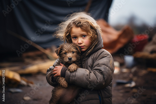 Small toddler girl with a dog animal sad expression on his face and dirty clothes and eyes full of pain hunger war refugee camp tents on background