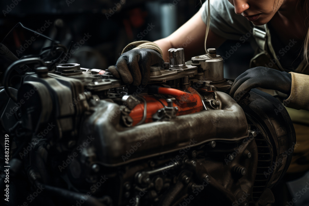 A female worker maintains a car's gasoline engine. Concept for auto repair and working women. A female worker maintains a car's gasoline engine. Concept for auto repair and working women.