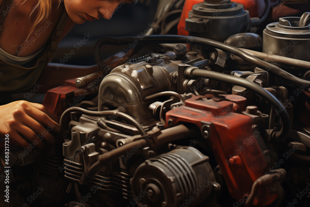 A female worker maintains a car's gasoline engine. Concept for auto repair and working women.