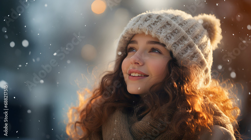 Joyful Young Woman with Snow, White Sweater, Knitted Hat, Winter