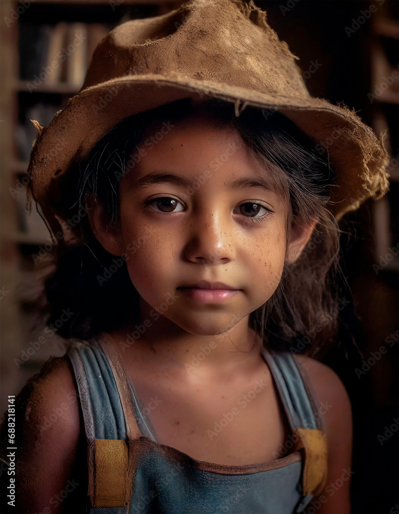 Young boy with wearing an old and dirty hat, child laborer in an old and dirty room. Child exploitation Young boy with wearing an old and dirty hat, child laborer in an old and dirty room. Child exploitation