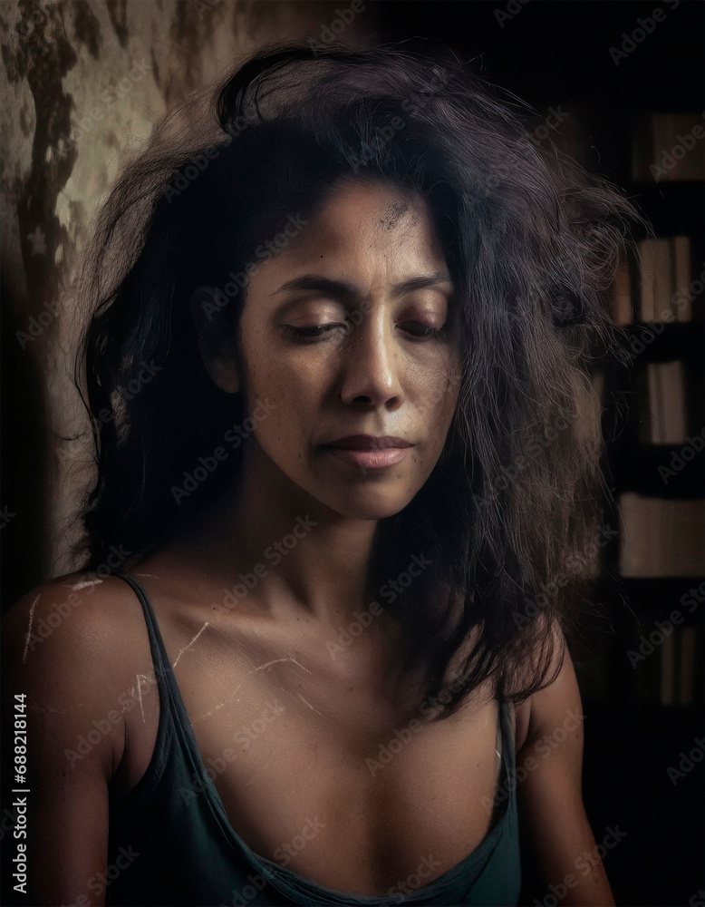 Young woman of color with disheveled hair and a sad expression, living in an old and dirty room Young woman of color with disheveled hair and a sad expression, living in an old and dirty room